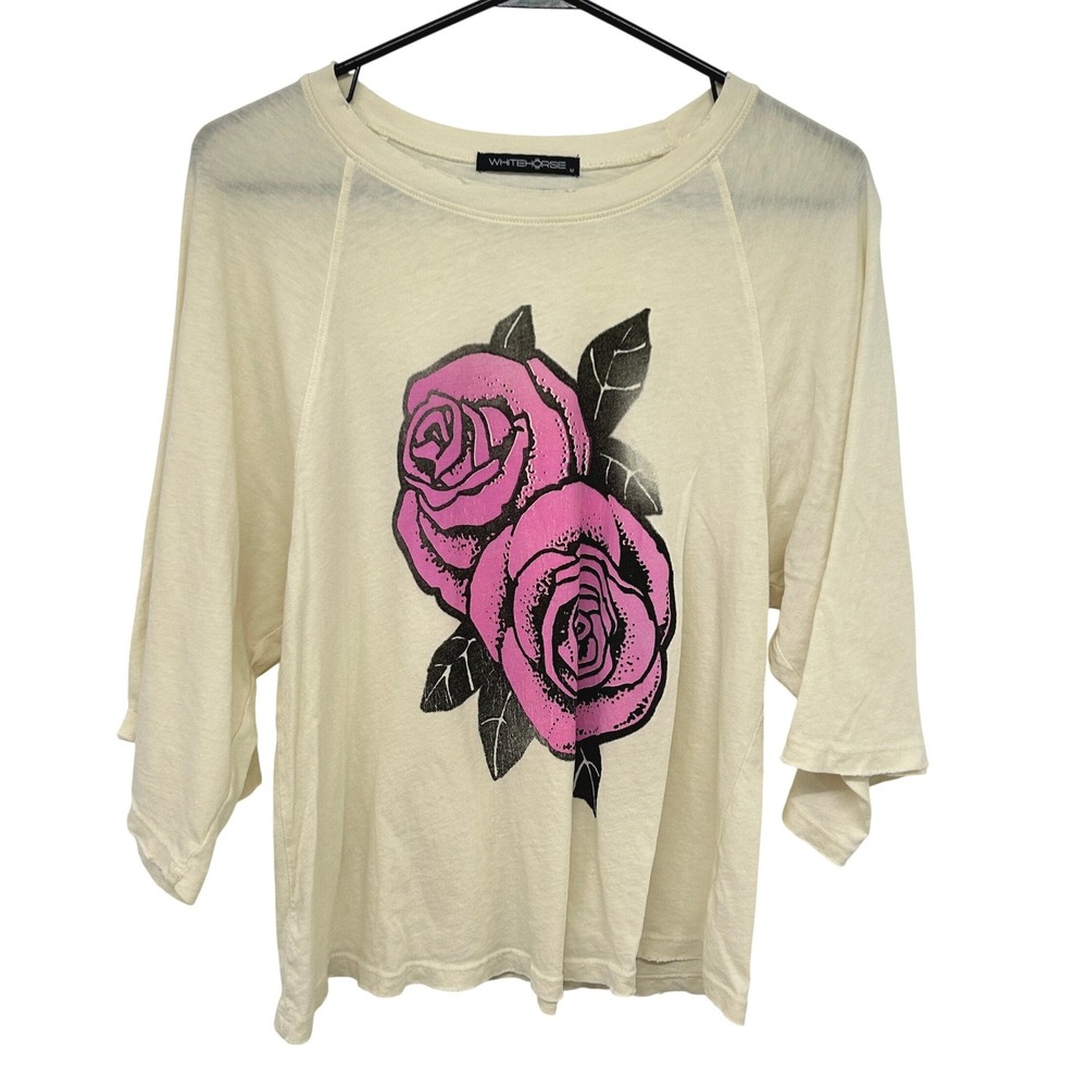 Grunge Rose Graphic Raglan Tee‎ Size Medium Cream Pink Indie Sleaze Rocker Alt